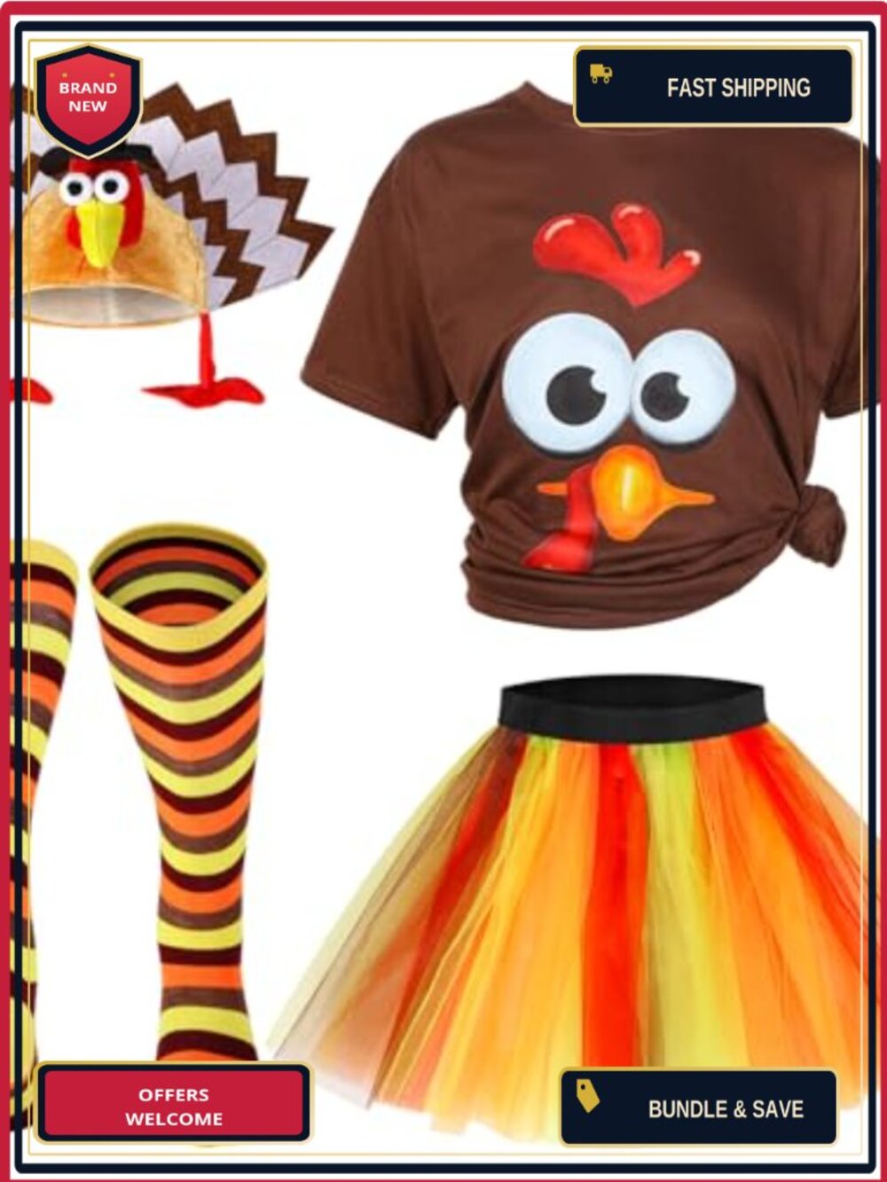 4 Piece Turkey Costume Set Thanksgiving Tutu Shirt Socks Hat